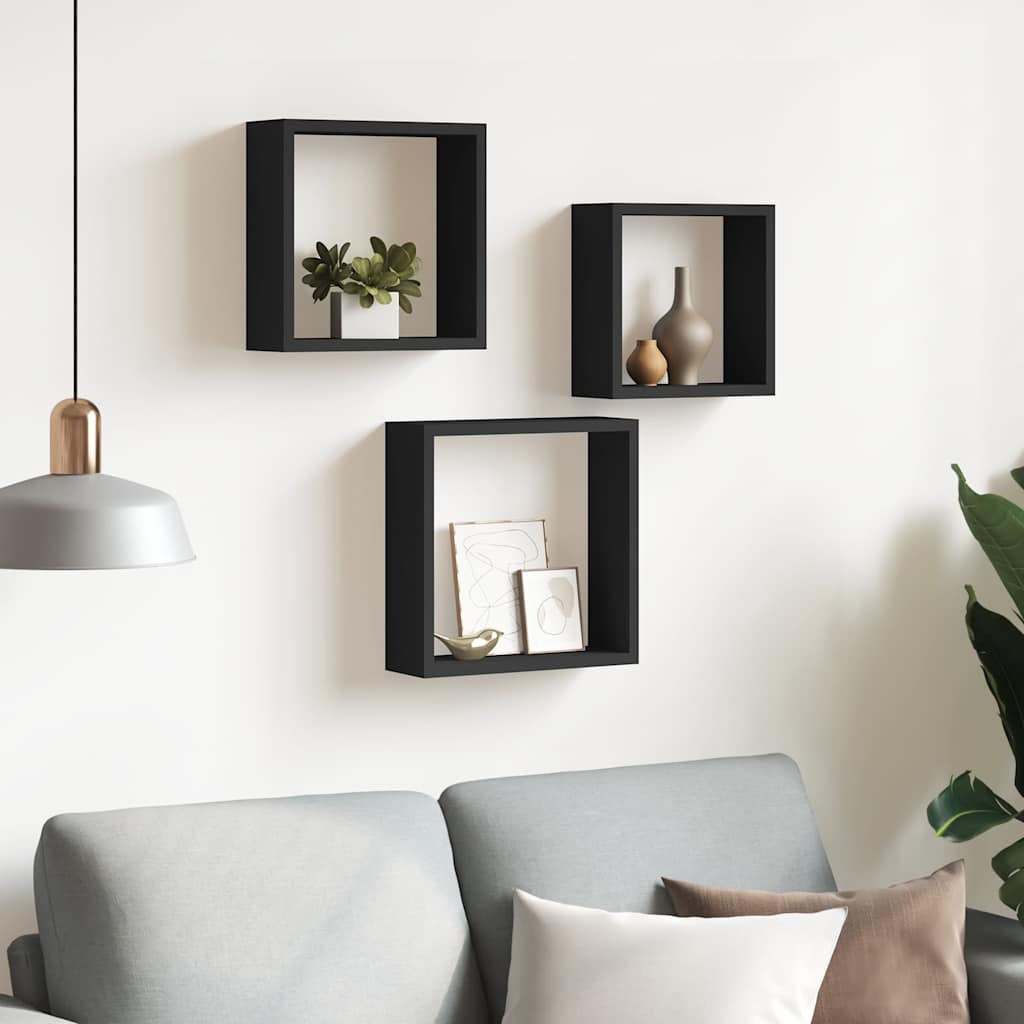 vidaXL Wall Cube Shelf | Set of 3 | Black | MDF | Large, Medium, Small 3
