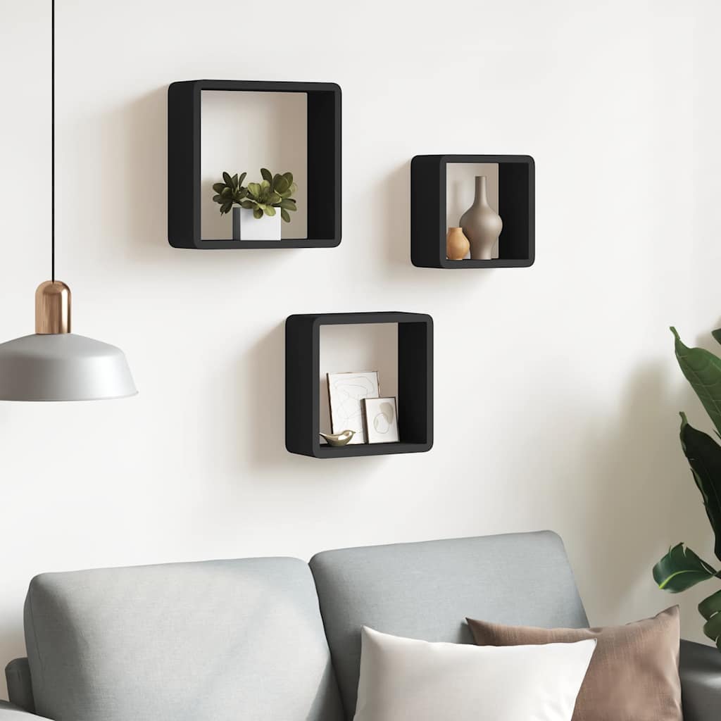 vidaXL Wall Cube Shelf | Set of 3 | Black | MDF | Large, Medium, Small 3