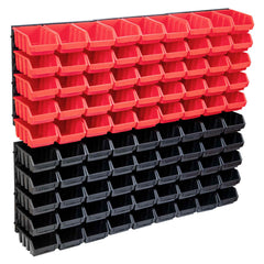 96 Piece Storage Bin Kit with Wall Panels and Black Red and black