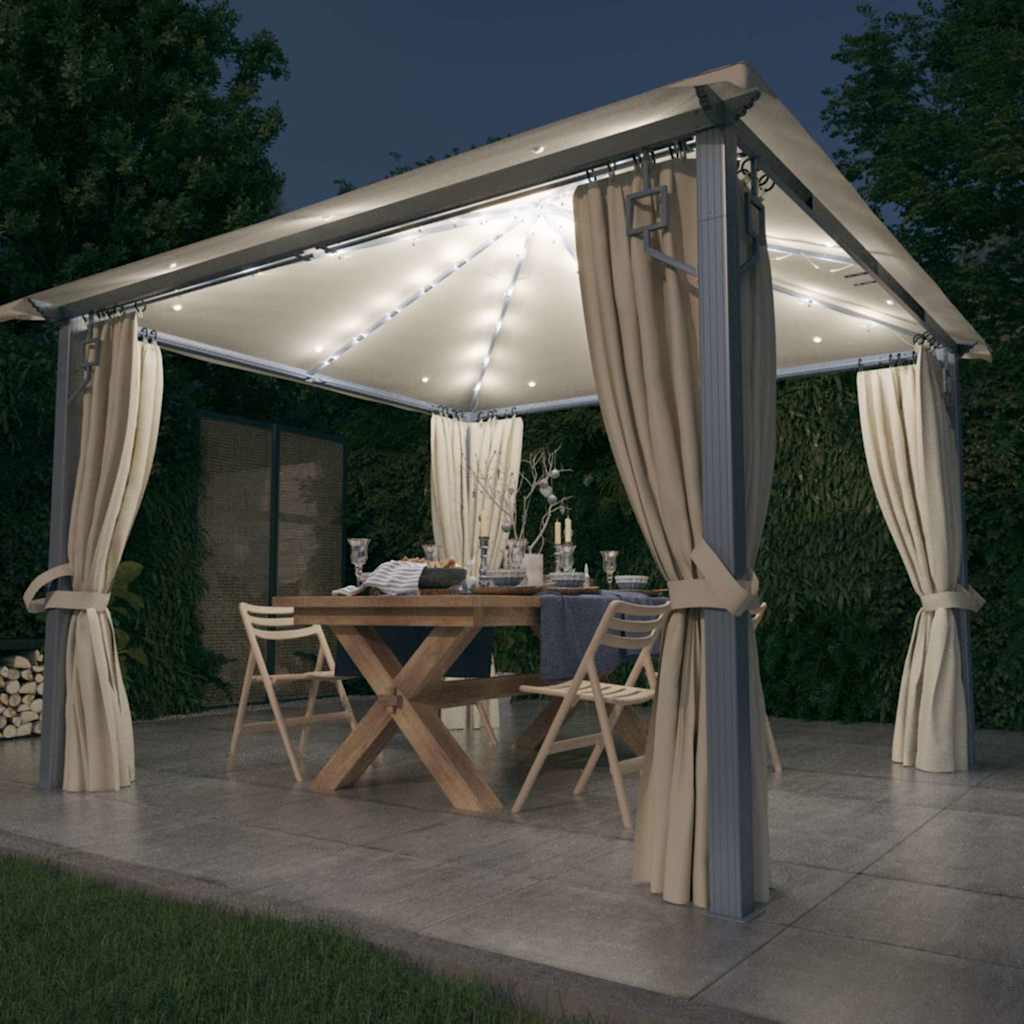 Gazebo with Curtain&LED String Lights 3x3 m Aluminium Cream 300 x 300 cm