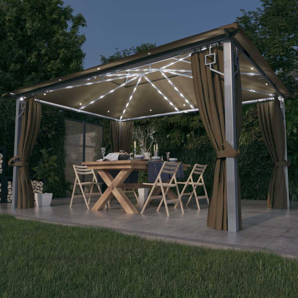 Gazebo with Curtain&LED String Lights 3x3 m Aluminium Taupe 400 x 300 cm