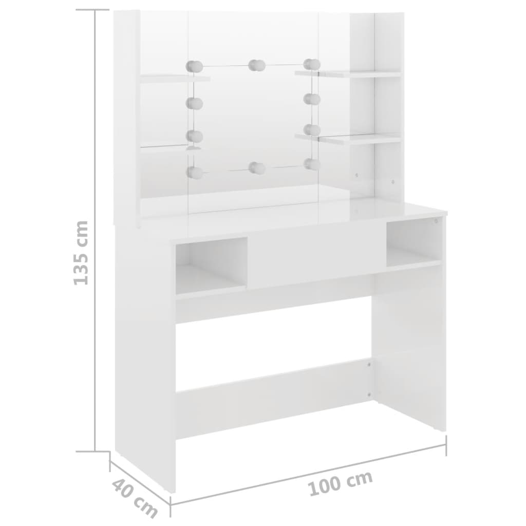 vidaXL Makeup Table with LED Lights 100x40x135 cm MDF Shining White 6