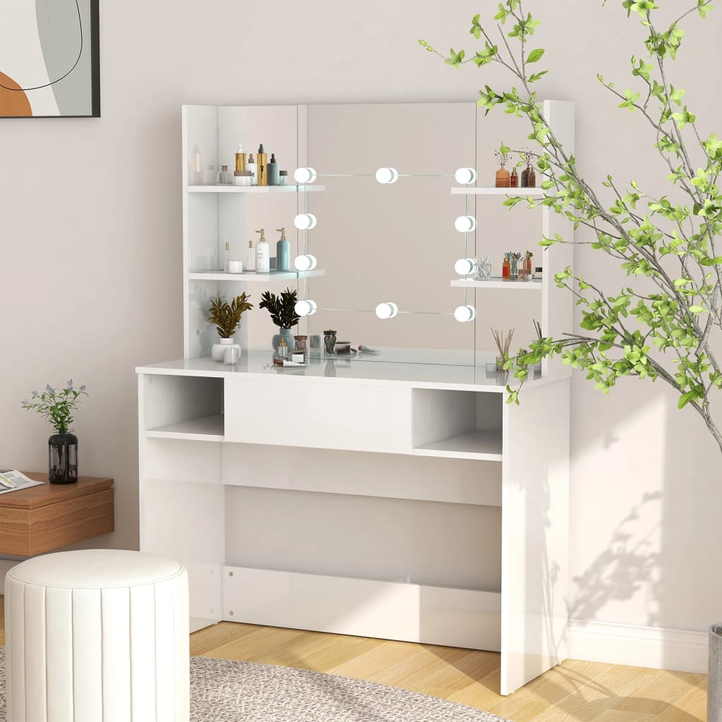 vidaXL Makeup Table with LED Lights 100x40x135 cm MDF Shining White 1