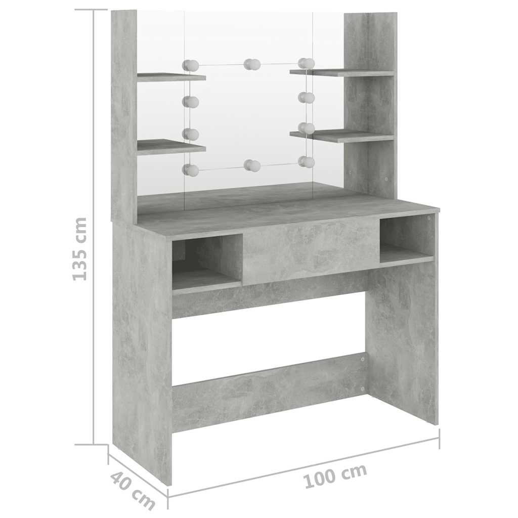 vidaXL Makeup Table with LED Lights 100x40x135 cm MDF Concrete Grey 6
