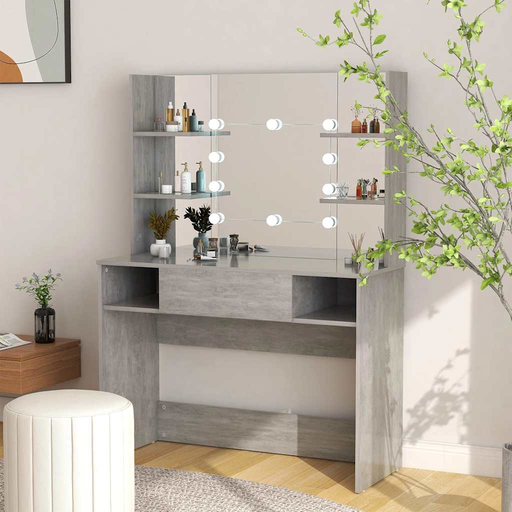 vidaXL Makeup Table with LED Lights 100x40x135 cm MDF Concrete Grey 1