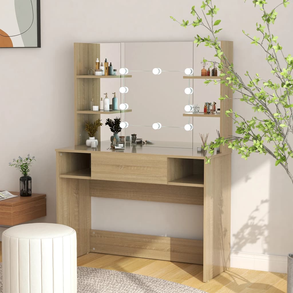 vidaXL Makeup Table with LED Lights 100x40x135 cm MDF Oak 1
