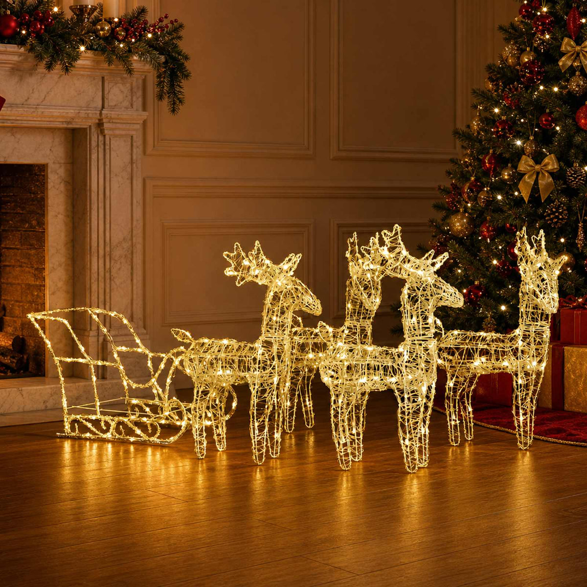 Reindeers & Sleigh Christmas Decoration 320 LEDs Acrylic Warm white 43 x 11 x 55 cm (4 pcs)