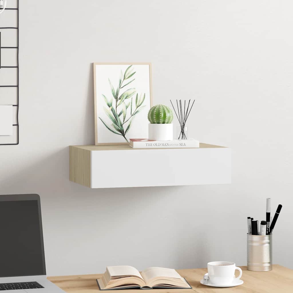 vidaXL Wall-mounted Drawer Shelf Oak and White 40x23.5x10cm MDF 3