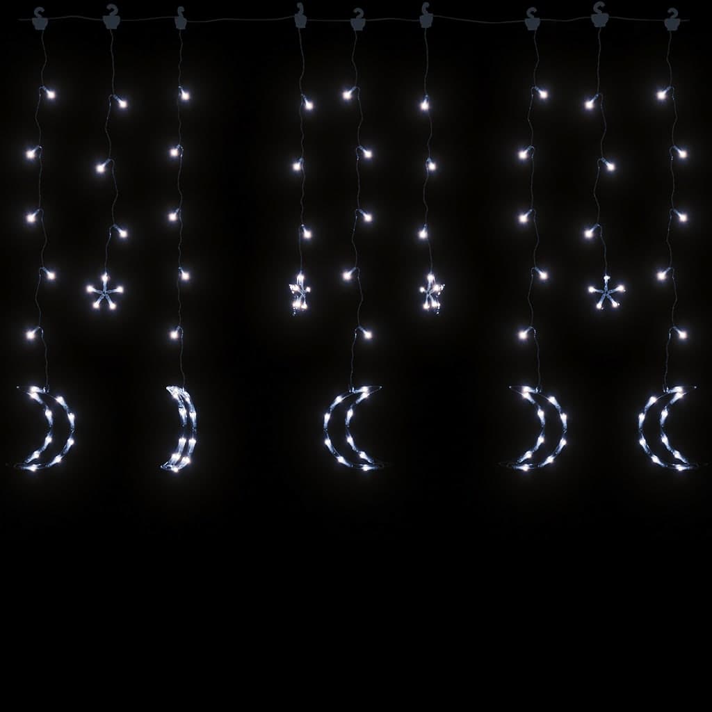 The star and moon fairy lights against a black background