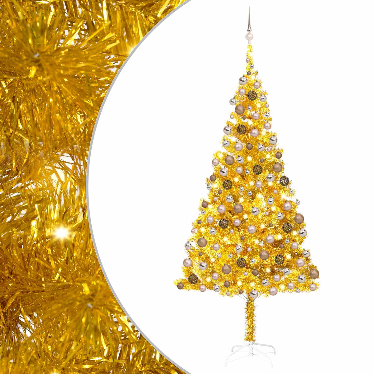 Christmas Tree with LED Light PET and Steel 210 cm Gold with 300 LEDs&rose gold balls
