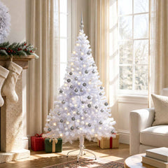 Artificial Pre-lit Christmas Tree with Ball Set 380 Branches 150 cm White with 150 LEDs&white/grey balls