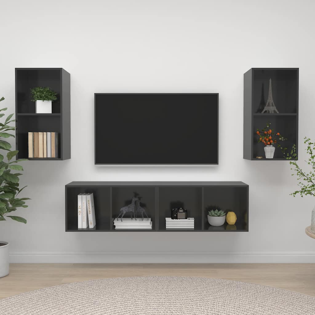 4 Piece Wall-mounted TV Cabinet Set Engineered Wood High gloss grey