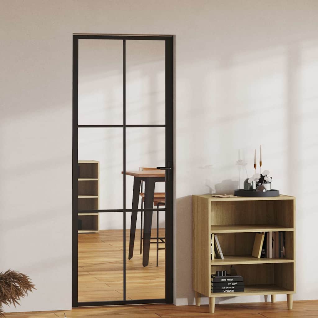 Interior Door ESG Glass and Aluminium Black Black and transparent 76 x 201.5 cm 3x2 grids