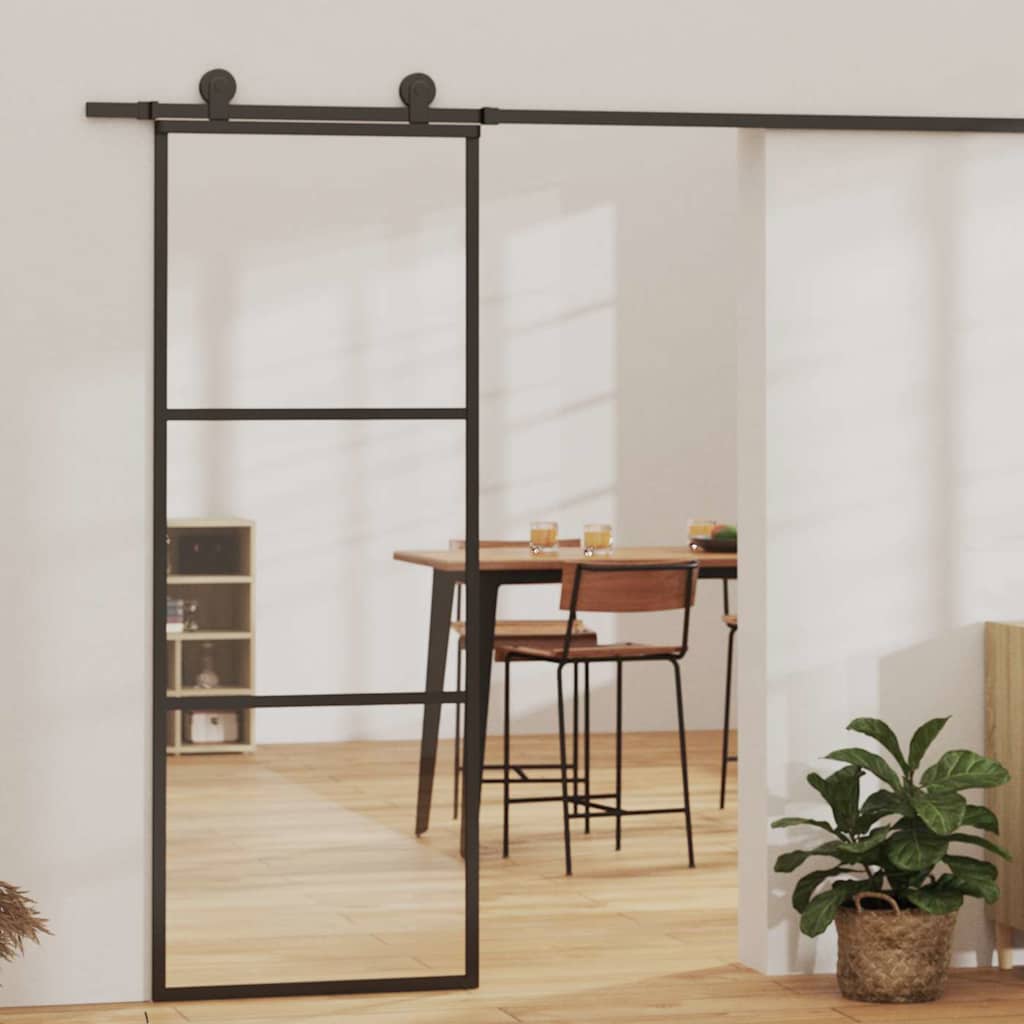 Sliding Door with Hardware Set ESG Glass&Aluminium 76x205 cm 183 cm Sliding Rail 76 cm 2 horizontal bars