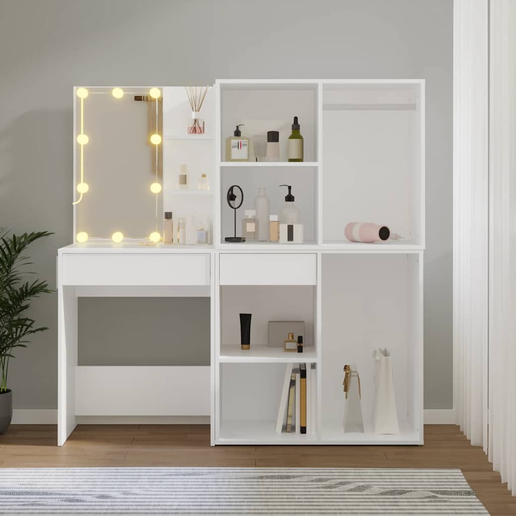 vidaXL LED Dressing Table with 2 Cabinets White Engineered Wood 4