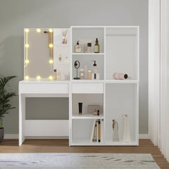 LED Dressing Table with Cabinets Engineered Wood White