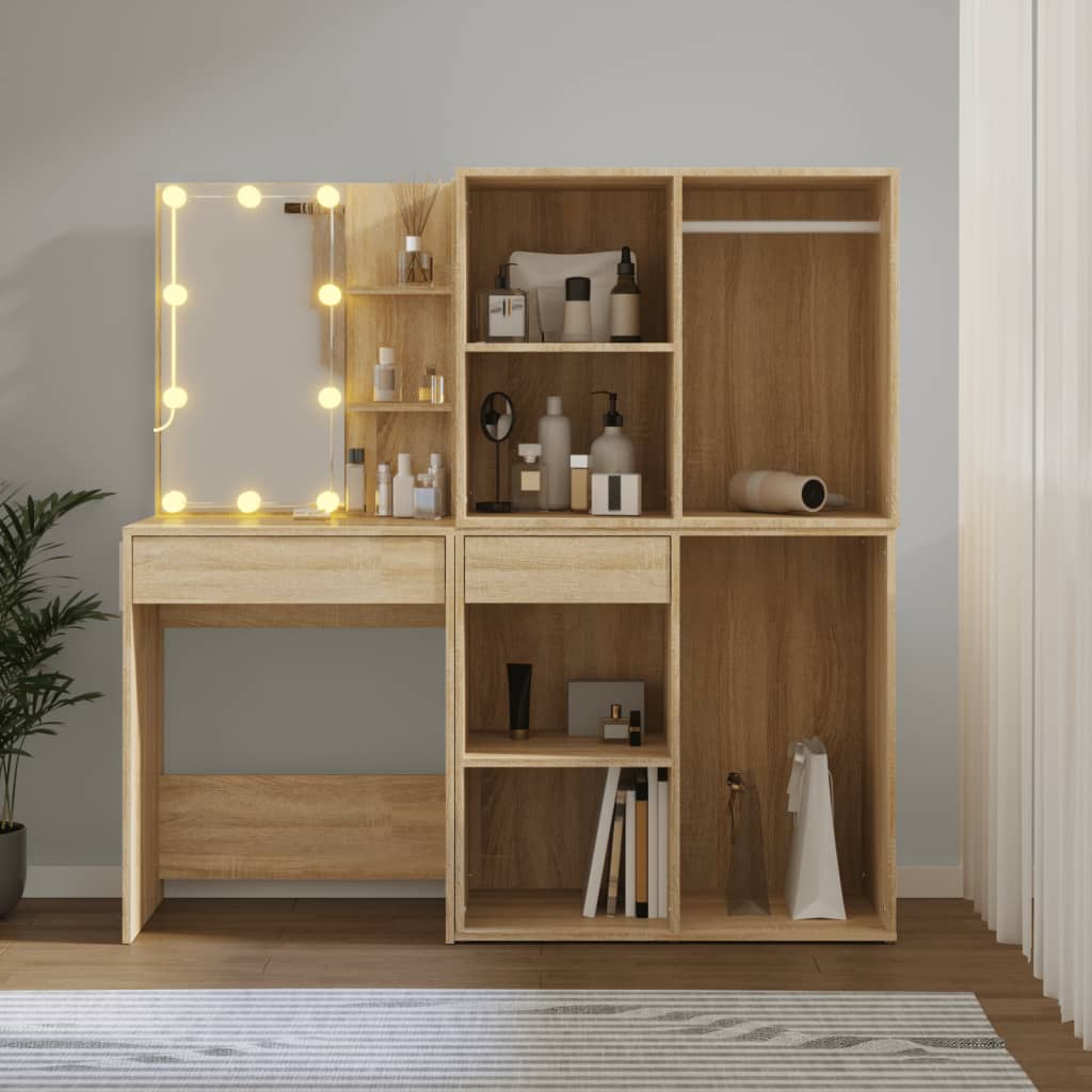 vidaXL LED Dressing Table with 2 Cabinets Sonoma Oak Engineered Wood 4