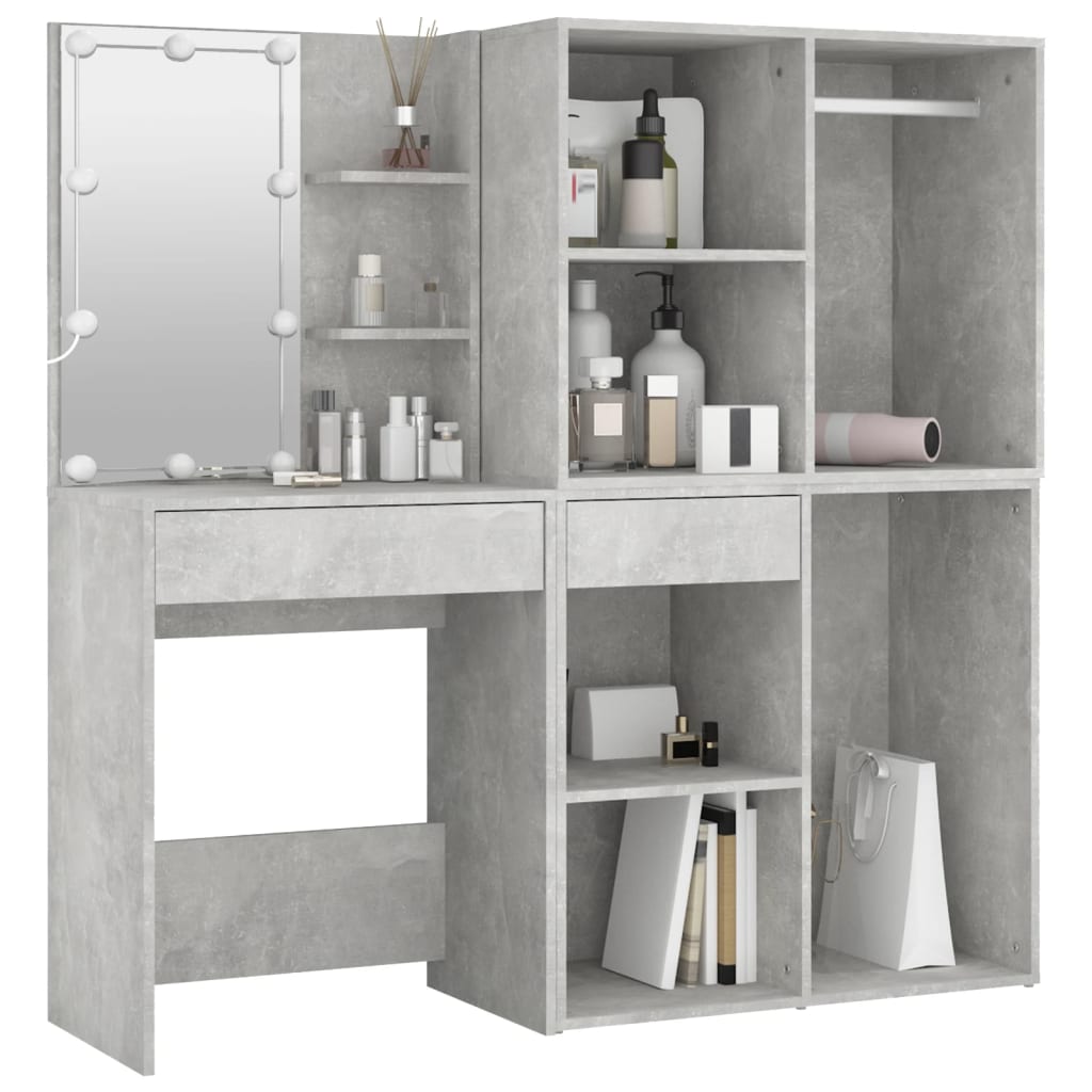vidaXL LED Dressing Table with 2 Cabinets Concrete Grey Engineered Wood 3