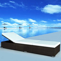 Sun Lounger with Cream White Cushion Poly Rattan Brown