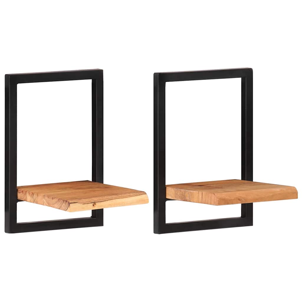vidaXL Wall Shelf | Set of 2 | Natural wood and black | Solid Acacia wood, Steel 2