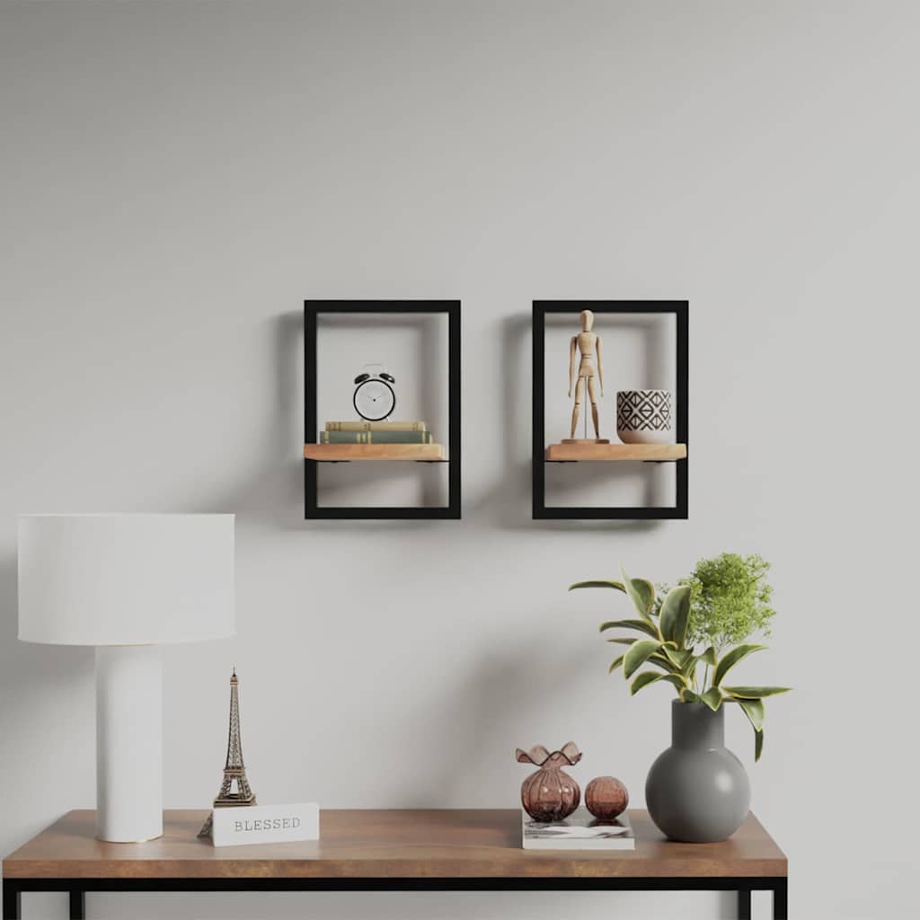 vidaXL Wall Shelf | Set of 2 | Natural wood and black | Solid Acacia wood, Steel 1
