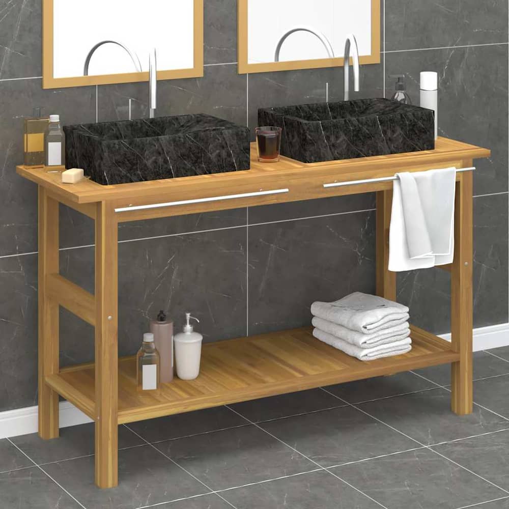 Bathroom Vanity Cabinet with Marble Sinks Solid Wood Teak Black