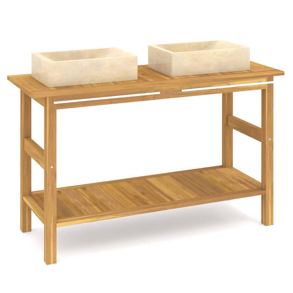 Bathroom Vanity Cabinet with Marble Sinks Solid Wood Teak Cream