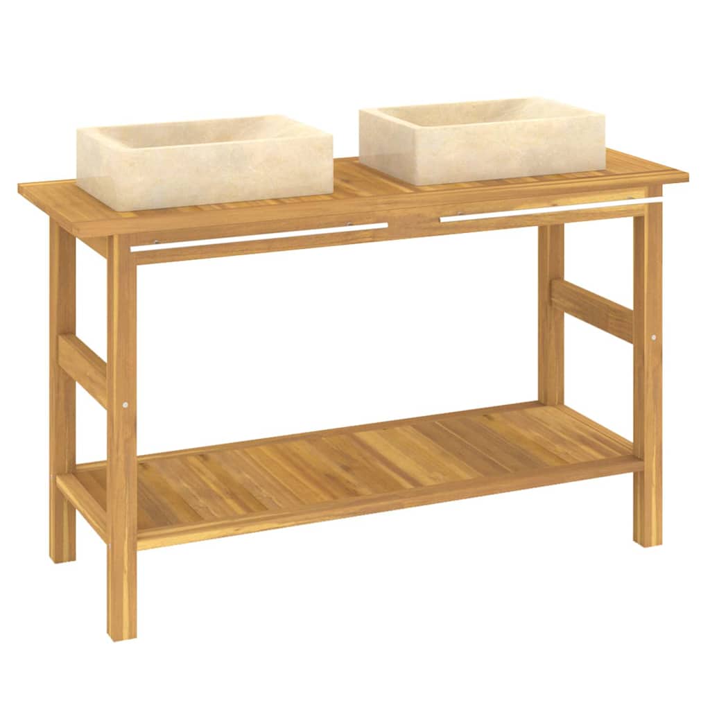 Bathroom Vanity Cabinet with Marble Sinks Solid Wood Teak Cream