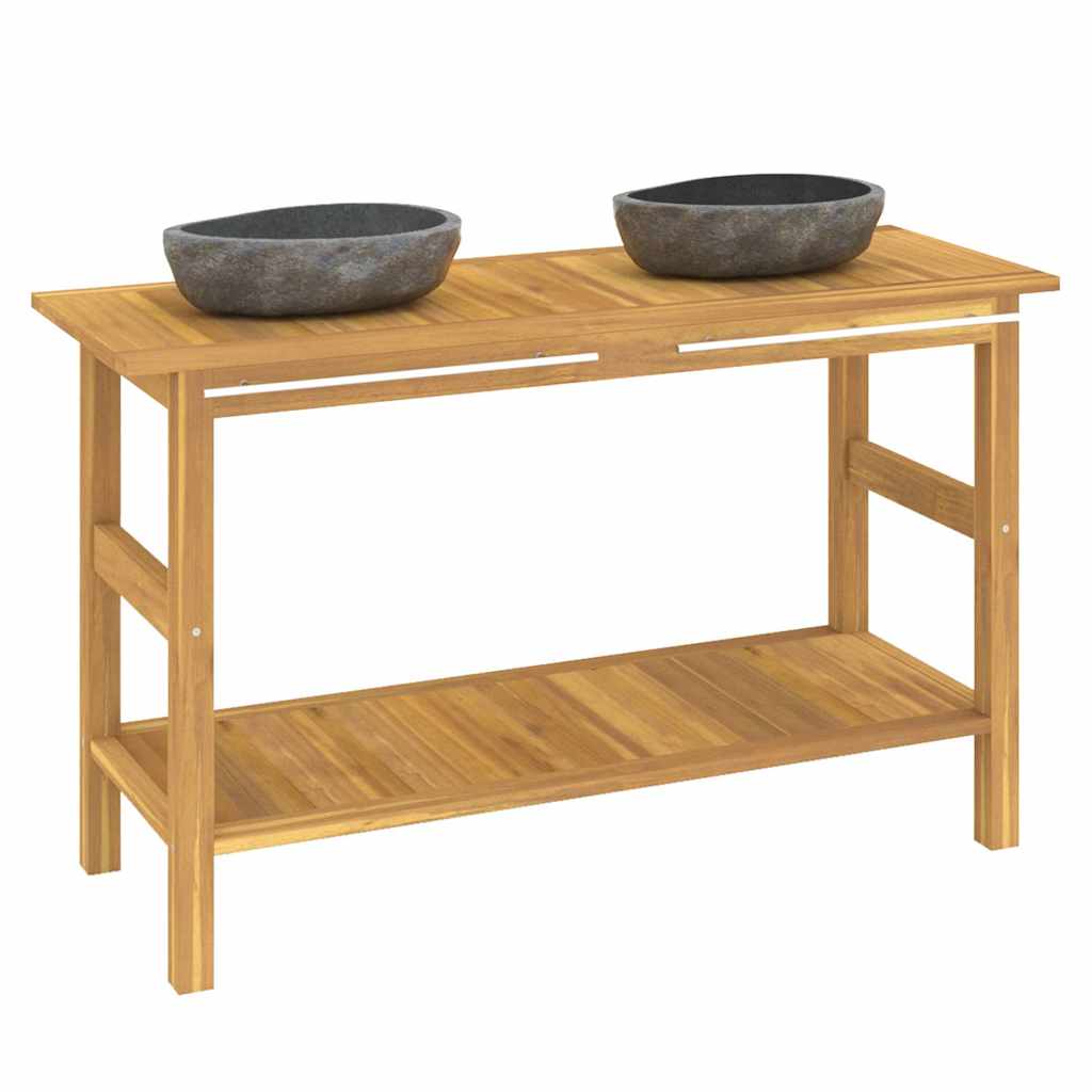 vidaXL Bathroom Vanity Cabinet with River Stone Sinks Solid Wood Teak 3