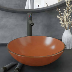 Bathroom Sink with Tap and Push Drain Tempered Glass Brown Grey tap