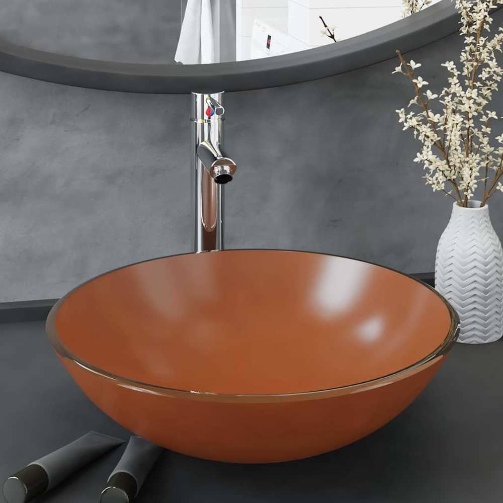 Bathroom Sink with Tap and Push Drain Tempered Glass Brown Silver tap