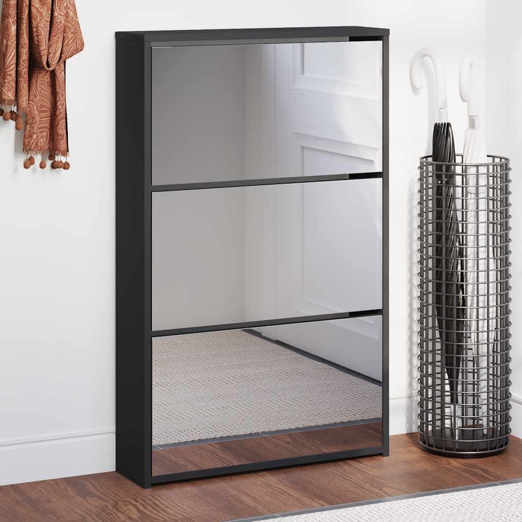 vidaXL Shoe Cabinet with Mirror 3-Layer Black 63x17x102.5 cm 1