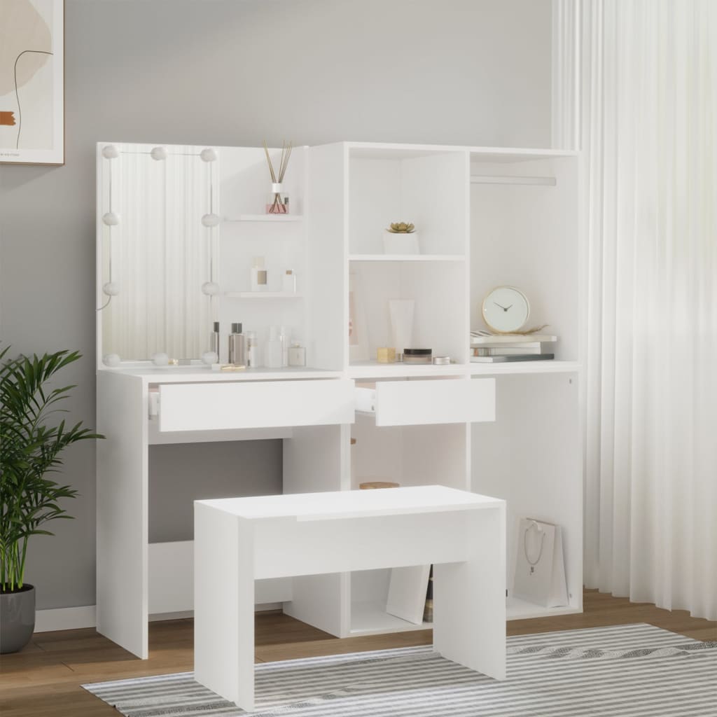 vidaXL Dressing Table Set with LED White Engineered Wood 4