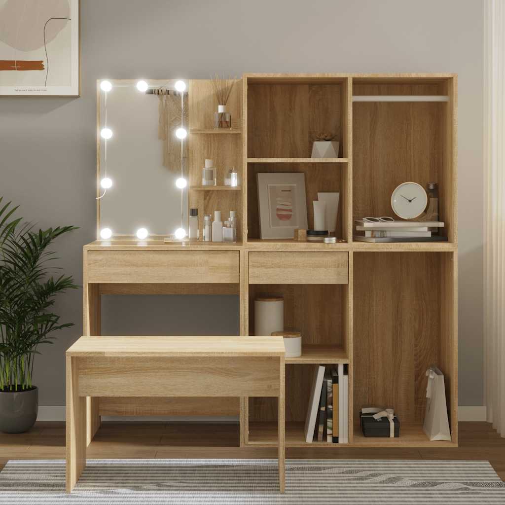 vidaXL Dressing Table Set with LED Sonoma Oak Engineered Wood 4