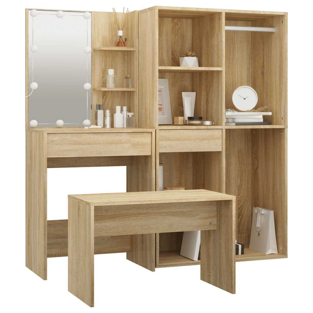 vidaXL Dressing Table Set with LED Sonoma Oak Engineered Wood 5