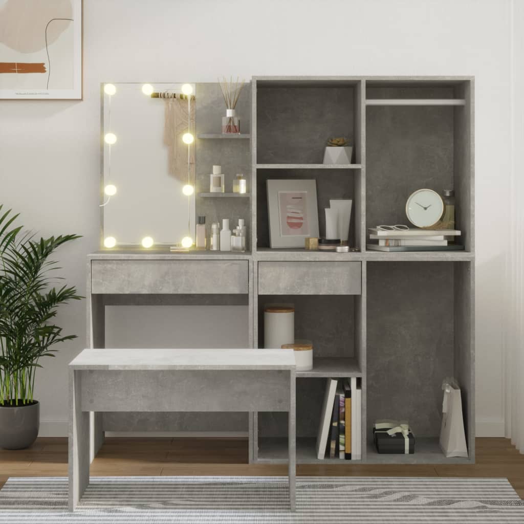 vidaXL Dressing Table Set with LED Concrete Grey Engineered Wood 1
