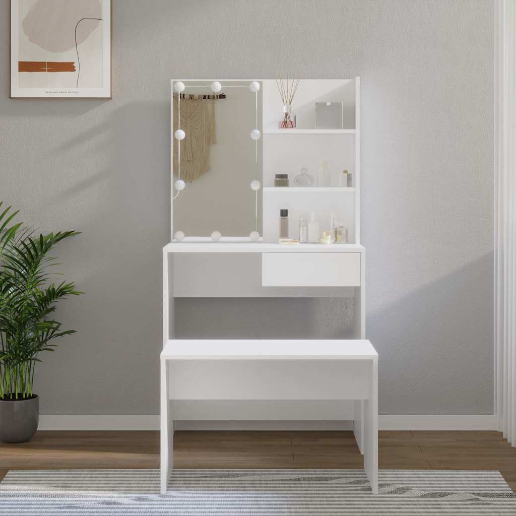 Dressing Table Set with LED Engineered Wood Depth 40 cm Width 74.5 cm White