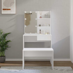 Dressing Table Set with LED Engineered Wood Depth 40 cm Width 74.5 cm White
