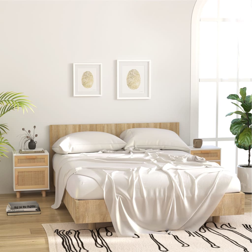 vidaXL Bedside Cabinets 2 pcs White Solid Wood Pine and Natural Rattan 1