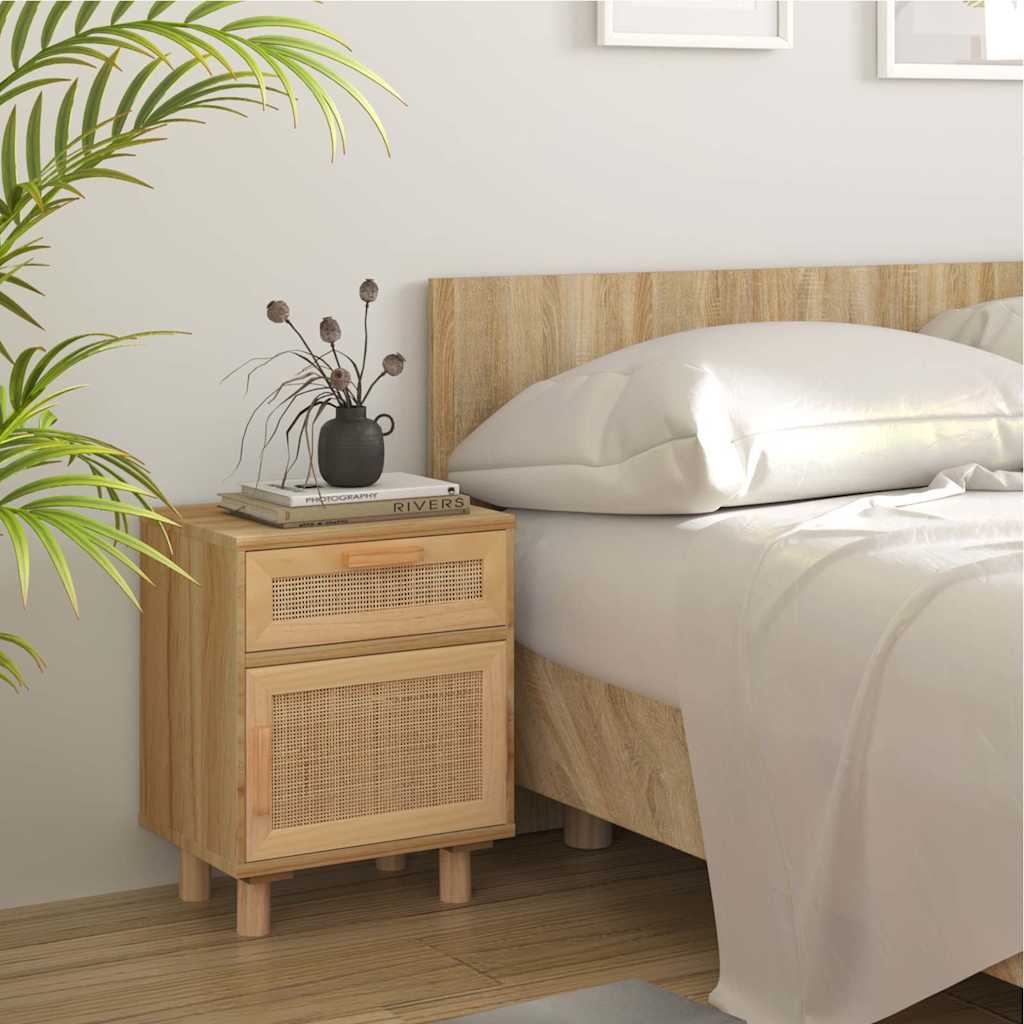 vidaXL Bedside Cabinets 2 pcs Brown Solid Wood Pine and Natural Rattan 3