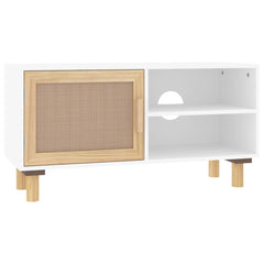 vidaXL TV Cabinet White 80x30x40 cm Solid Wood Pine and Natural Rattan 2