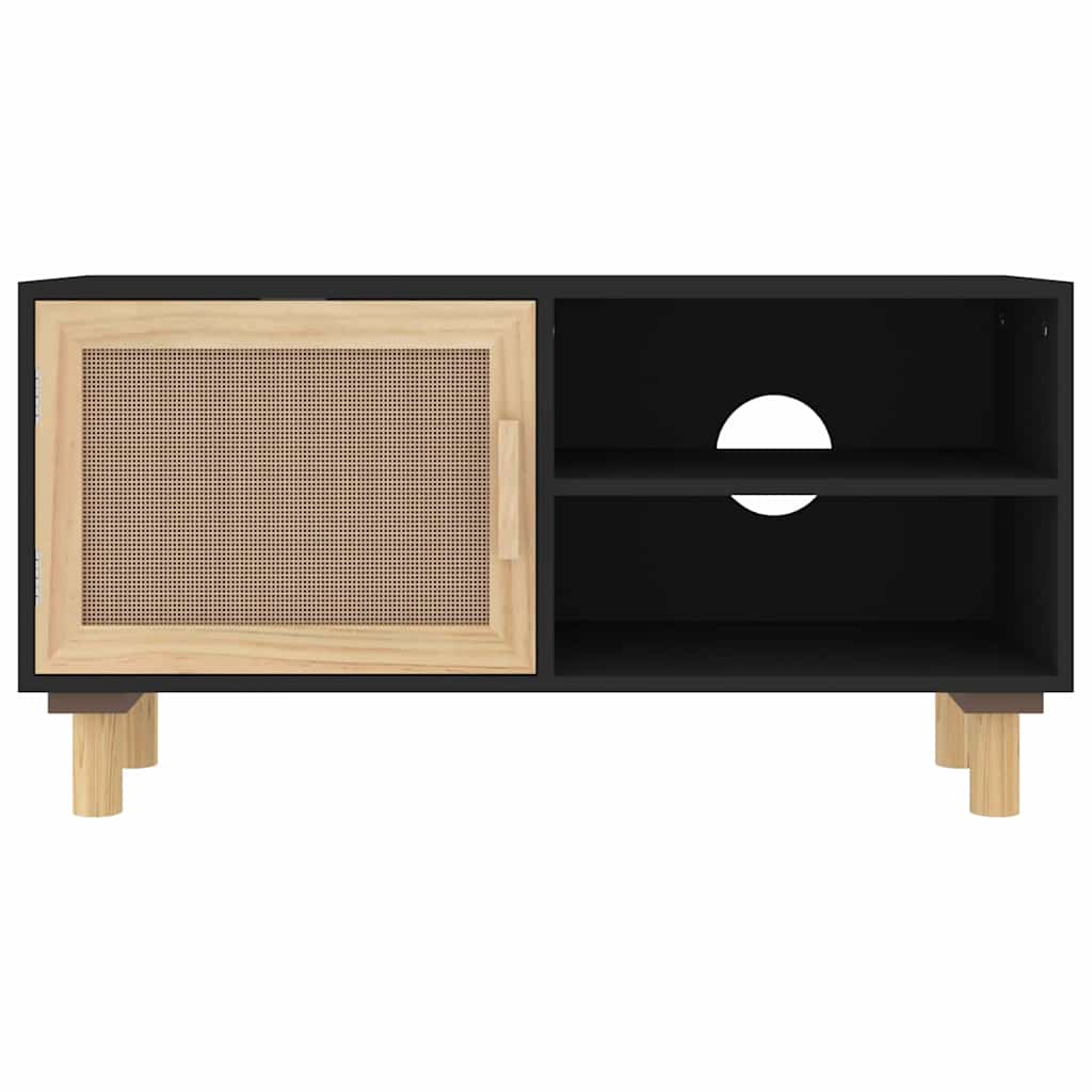 vidaXL TV Cabinet | Black | Engineered wood, Solid pinewood, Natural rattan 4