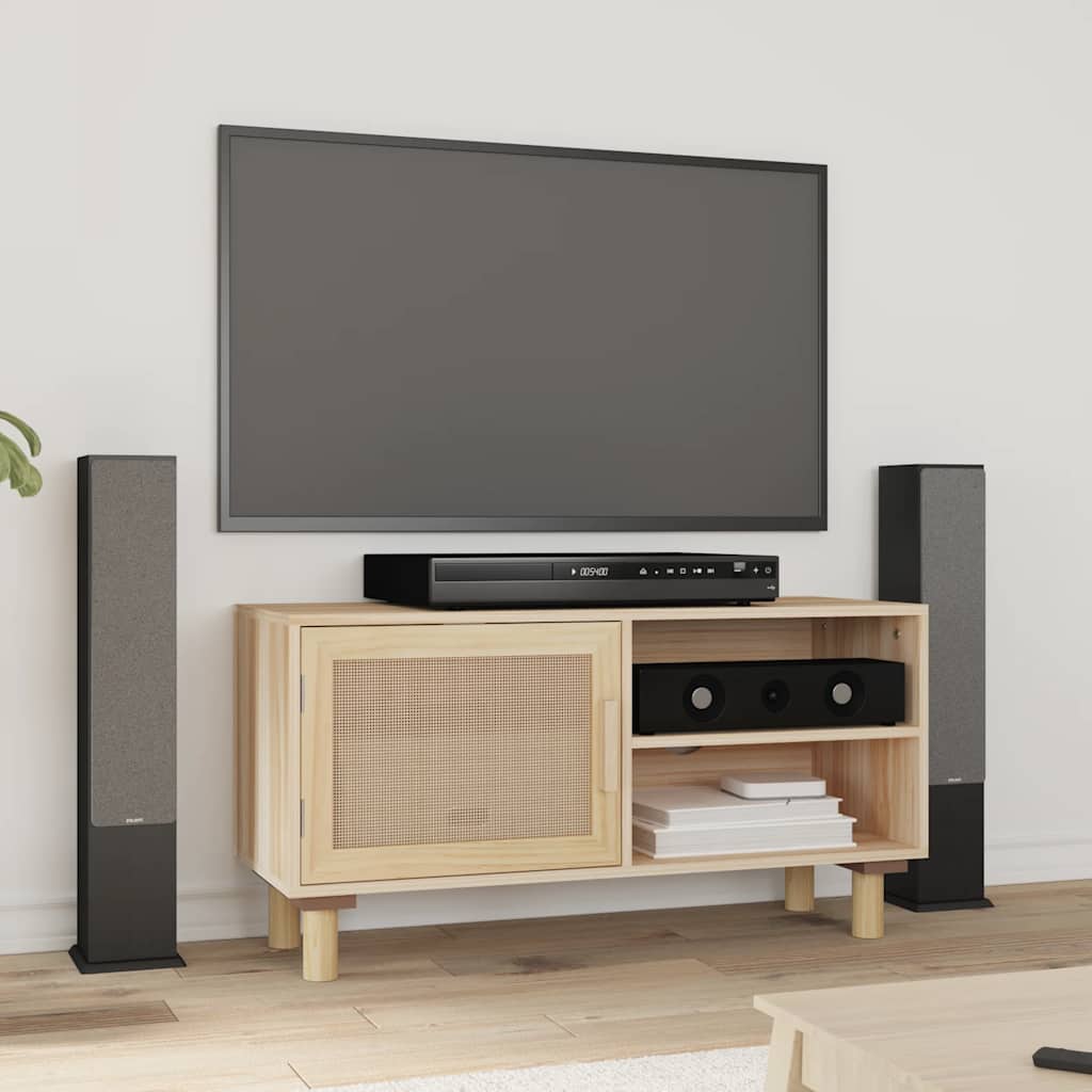 vidaXL Tv Cabinet | Brown | Engineered wood, solid pinewood, natural rattan 1