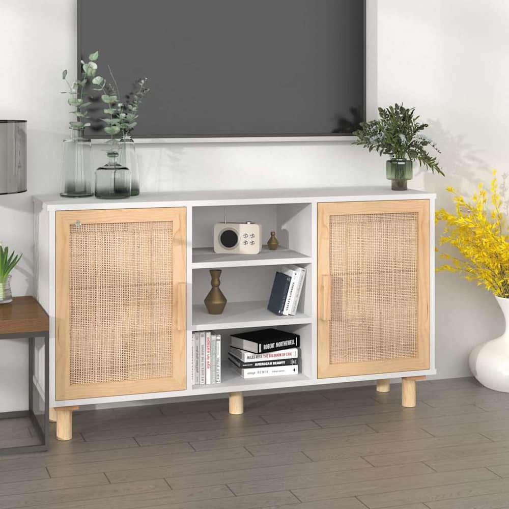 Sideboard 105x30x60 cm Solid Wood Pine and Natural Rattan White