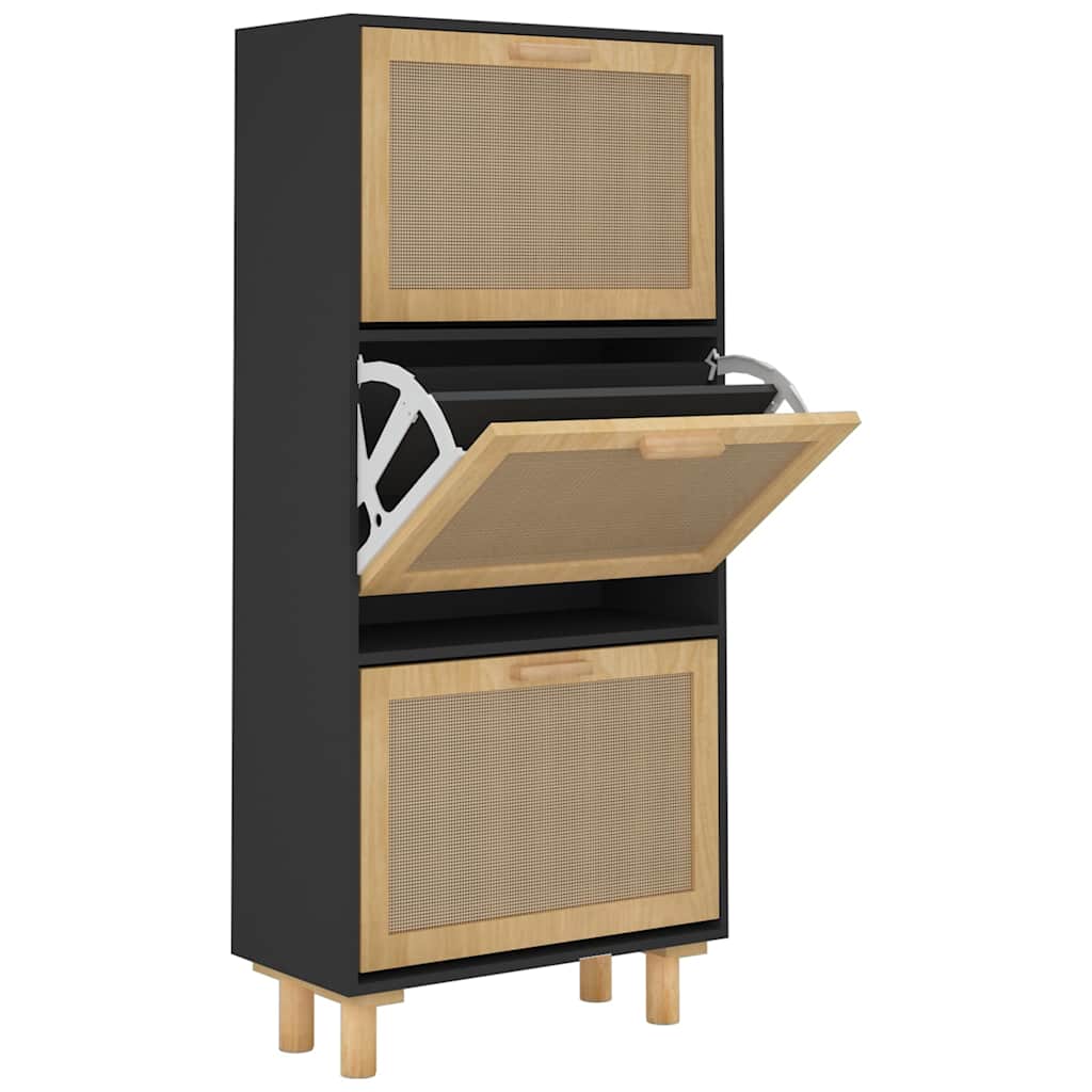vidaXL Shoe Cabinet Black 52x25x115 cm Engineered Wood&Natural Rattan 2