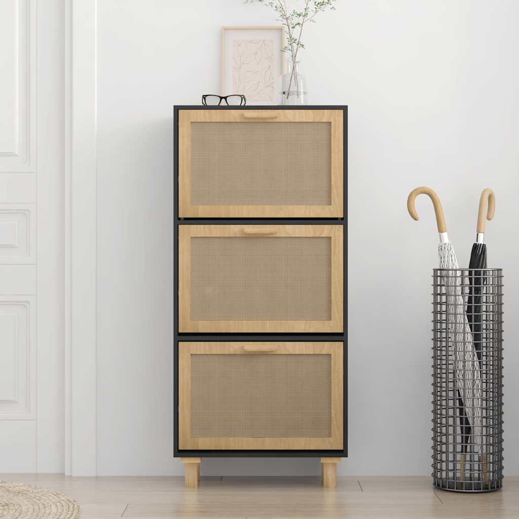 vidaXL Shoe Cabinet Black 52x25x115 cm Engineered Wood&Natural Rattan 3
