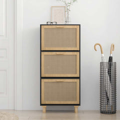 vidaXL Shoe Cabinet Black 52x25x115 cm Engineered Wood&Natural Rattan 3