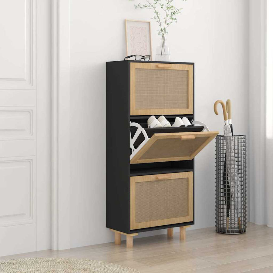 Shoe Cabinet Engineered Wood&Natural Rattan in Black