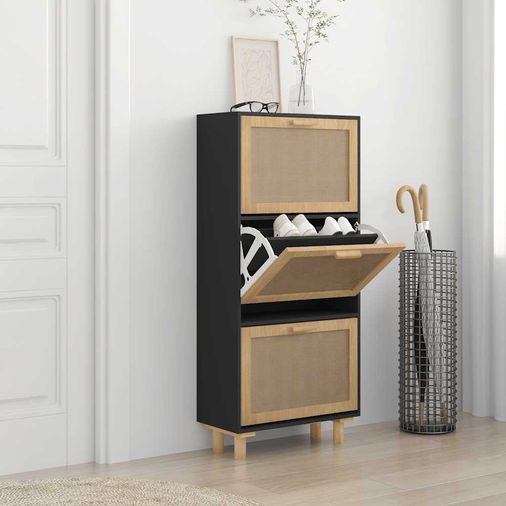 vidaXL Shoe Cabinet Black 52x25x115 cm Engineered Wood&Natural Rattan 1