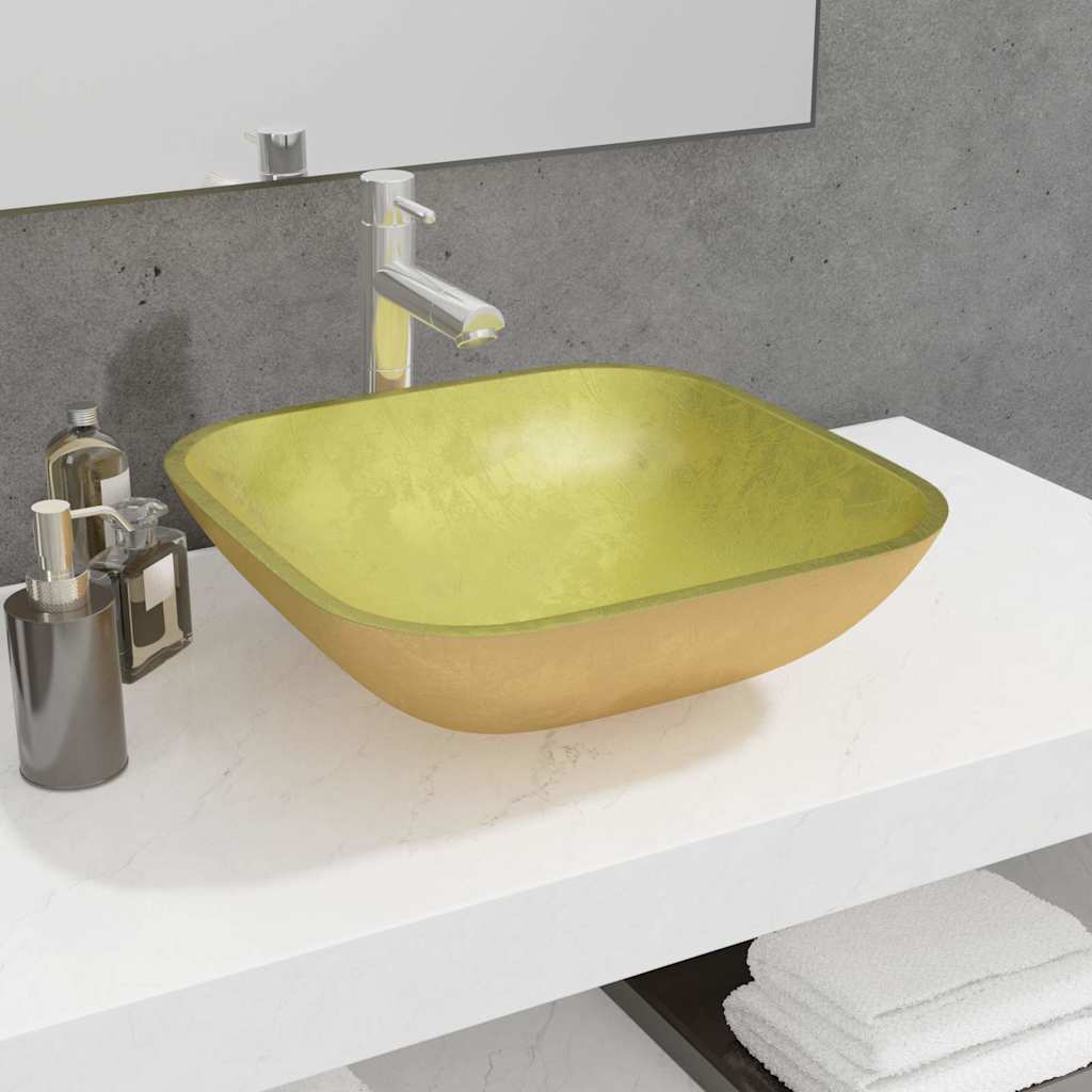 vidaXL Basin Glass 42x42x14 cm Gold 1